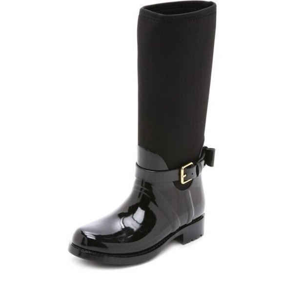 Kate Spade Women Size US7 M Black Bliss Rain Boot Rubber Neoprene Bow Tall Boots - Picture 1 of 13